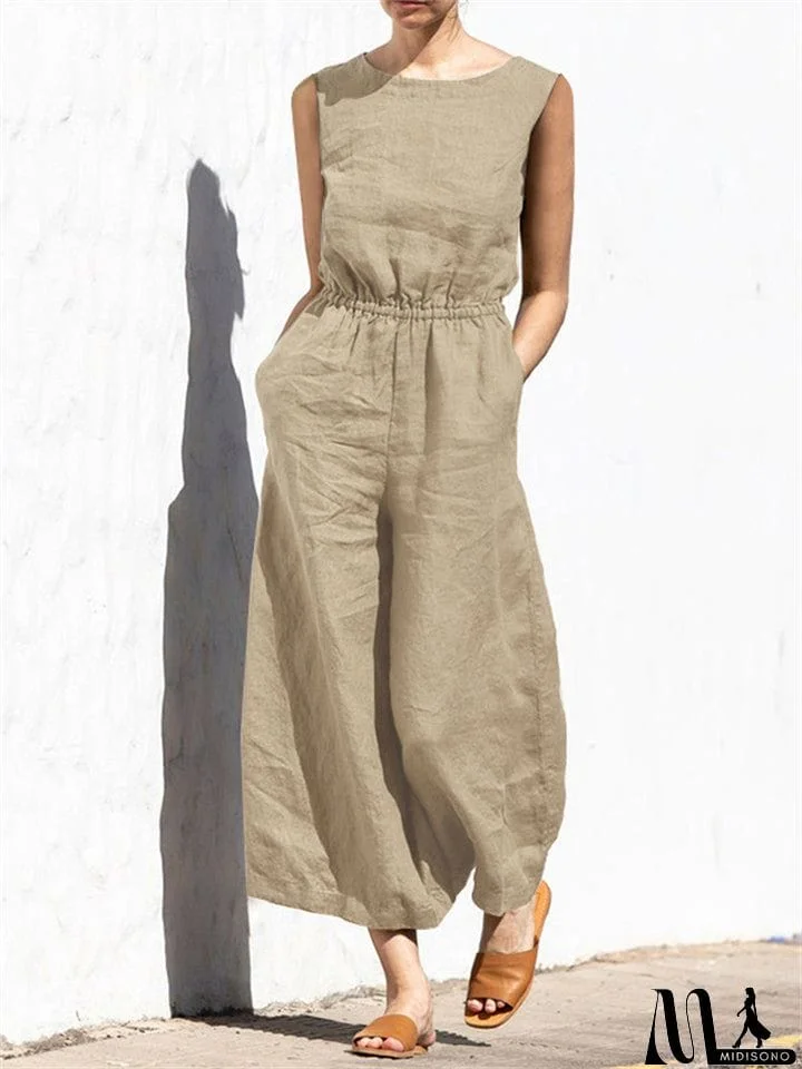 MidiSono - Summer Solid High Waist Sleeveless Lady Fashion Classy Jumpsuit