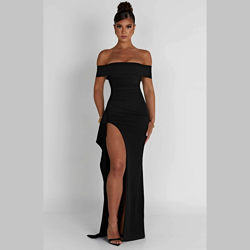 Solid Color Slash Neck Black High Slit Sexy Formal Champagne Slit Slim Elegant Dress Wrap Dresses For Wedding Guest