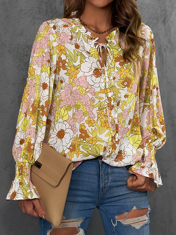 Flared Sleeves Long Sleeves Buttoned Elasticity Flower Print Hollow Tied V-Neck Blouses&Shirts Tops