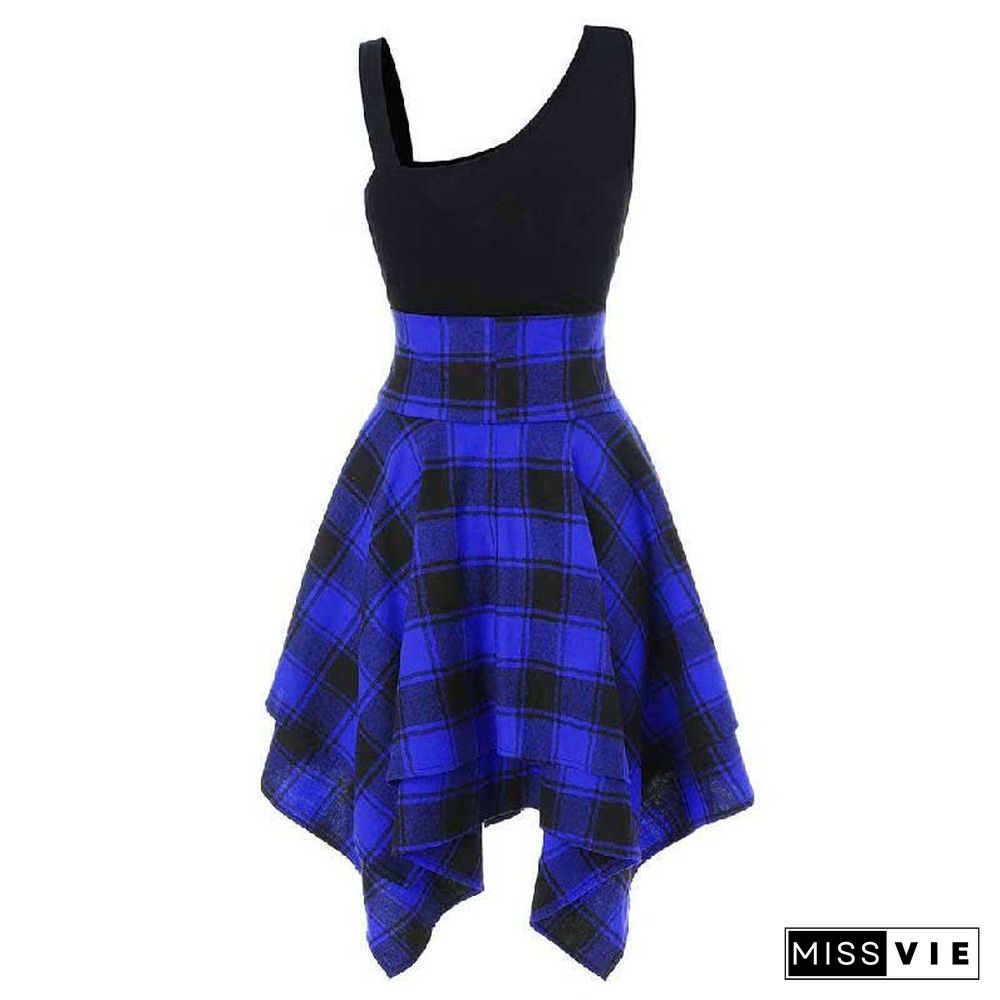 Contrast Plaid Elastic Waist Irregular Dress