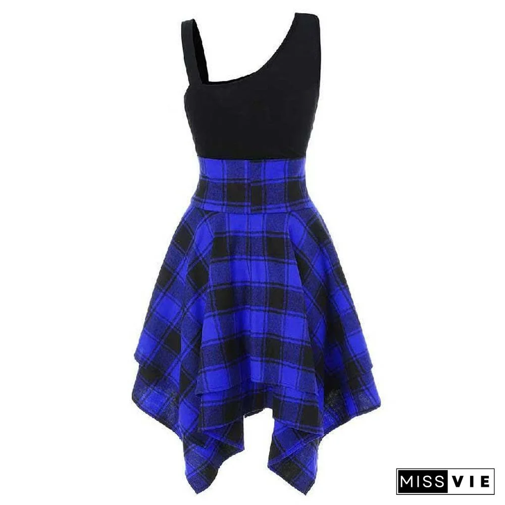 Contrast Plaid Elastic Waist Irregular Dress