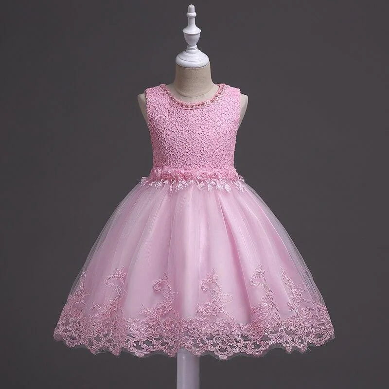 Summer Children's Lace Sequins Embroidered Waist Three-Dimensional Flower Design Girl High-end Party Dress
