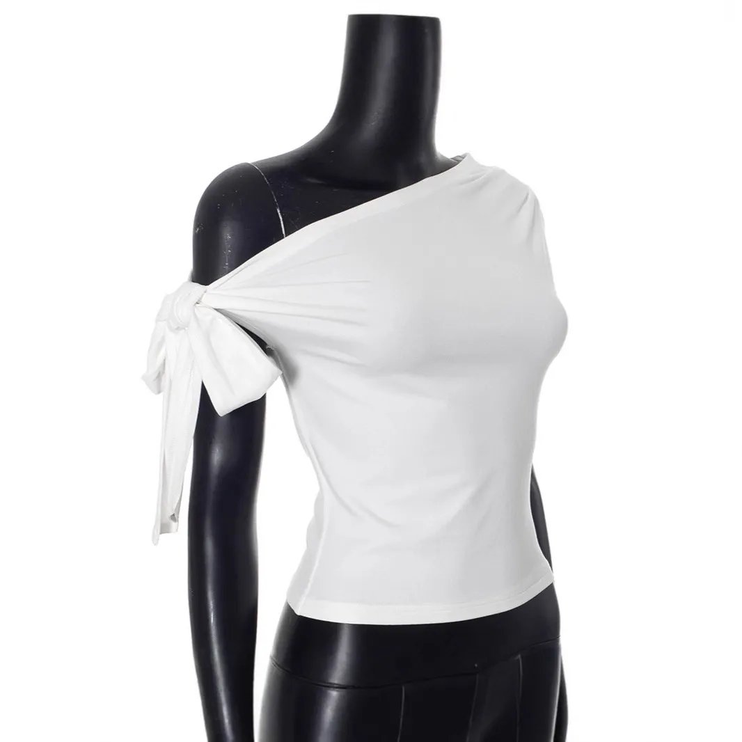 Women's White One-Shoulder Tie Knot Top - Slim Fit Asymmetrical Crop Blouse