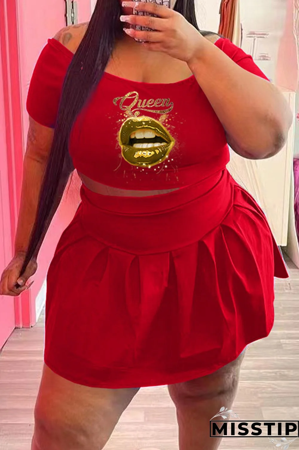 Black Fashion Casual Lips Printed Basic O Neck Short Sleeve Two Pieces