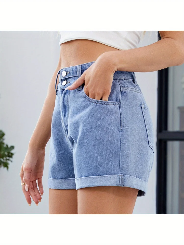 Women's Casual Denim Shorts - Summer Loose Fit Rolled Hem Cuffed Jean Shorts With T-Shirt, Machine Washable, Multiple Sizes Xs-Xxl) For Everyday & Vacation Wear, Shorts Jeans, Classic Denim Look, Comfortable Fit