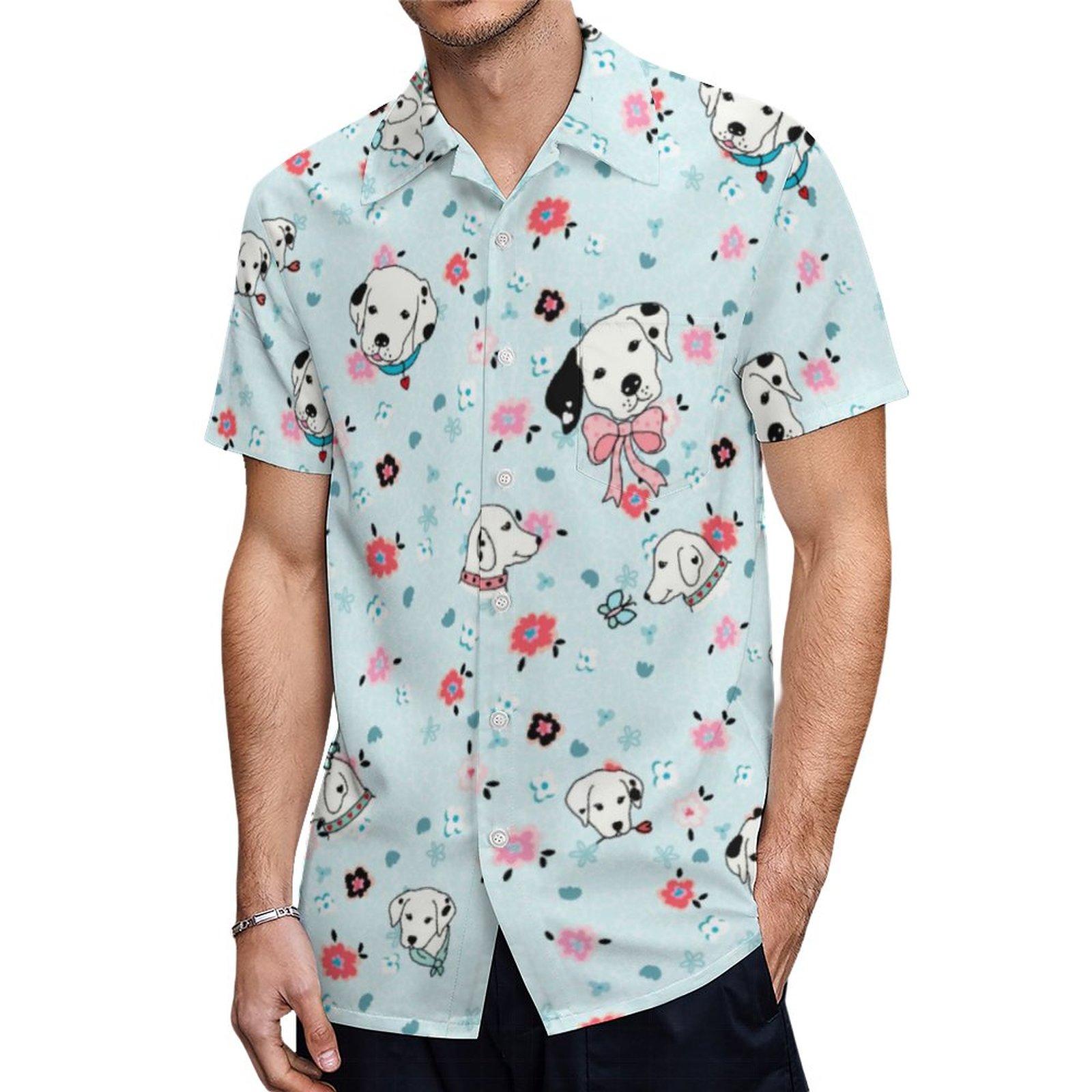 Dalmatian Puppy Floral Light Blue Hawaiian Shirt Mens Button Down Plus Size Tropical Hawaii Beach Shirts