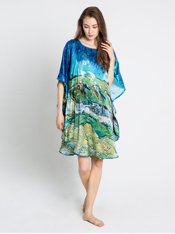 19 Momme Alps Villa Printed Loose Silk Nightgown-Real Silk Life