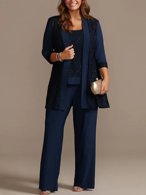 Sequin Lace and Jersey Three-Piece Plus Pantsuit