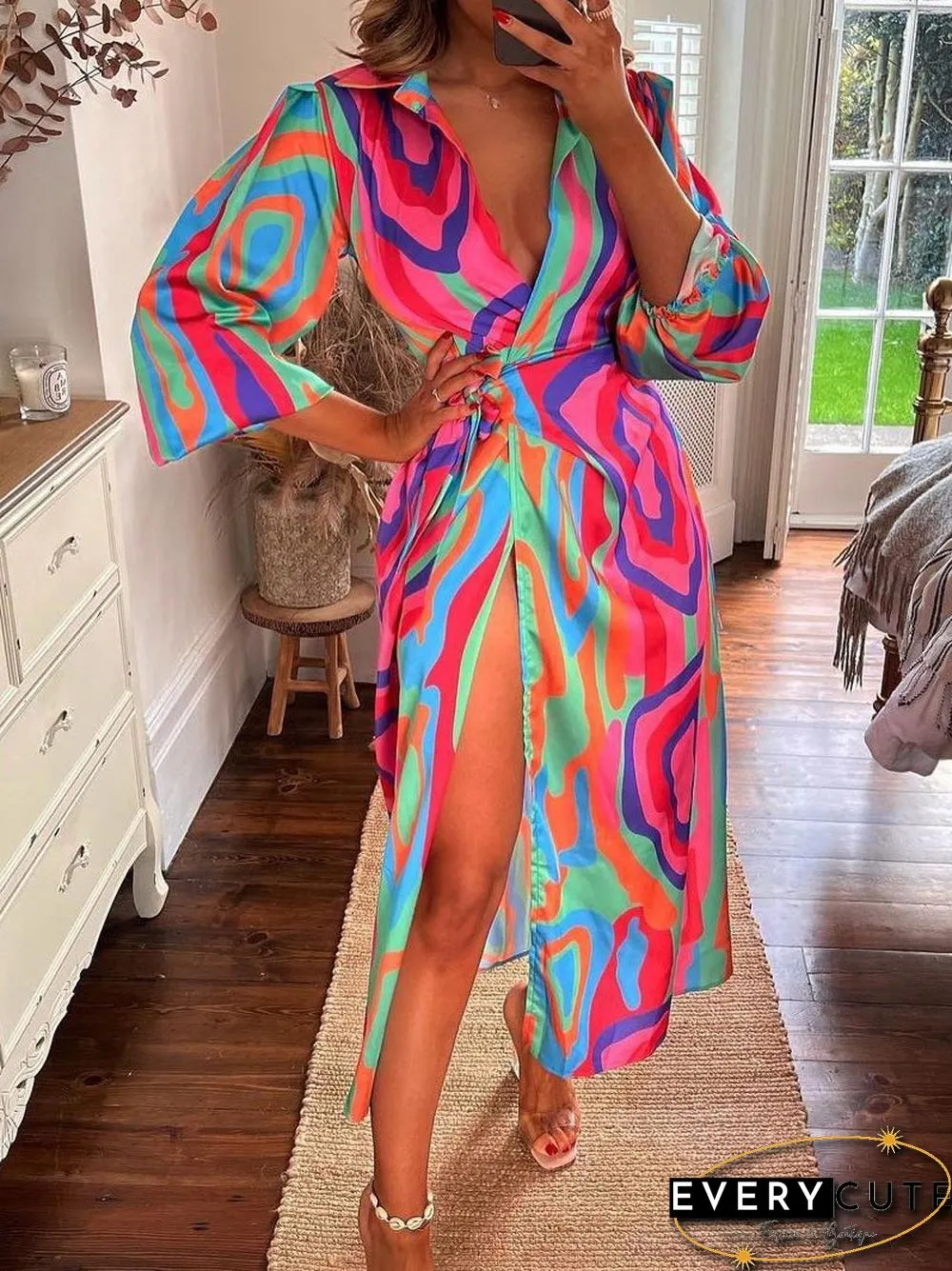 Women'S Dresses Printed Lapel Collar Long Sleeve Slit Dress