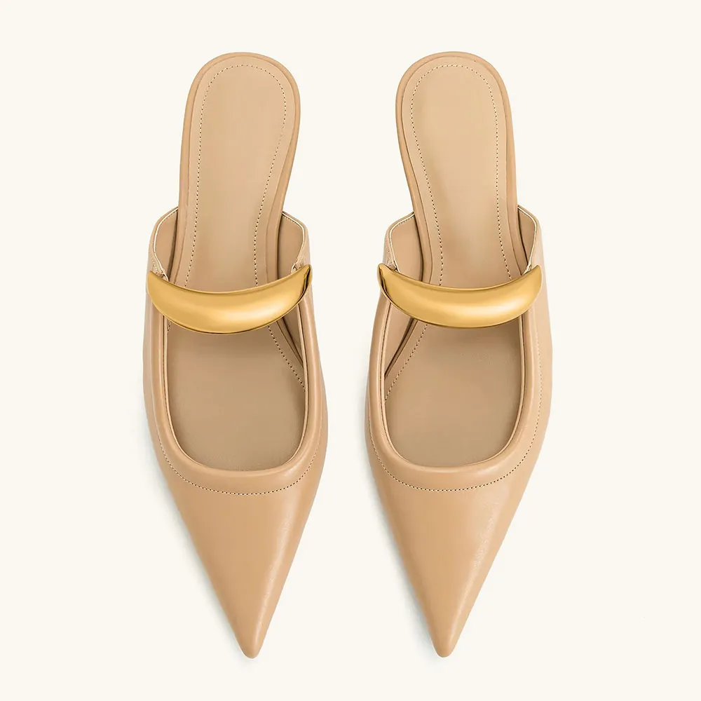Khaki Vegan Leather Closed Pointed Toe Casual Heeled Mules