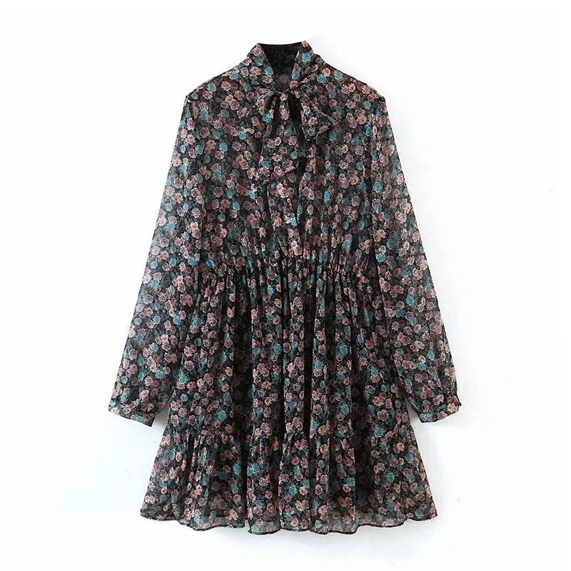 Aachoae Women's Floral Dress Bow Tie Neck Vintage Pleated Dress See Through Sleeve Print Mini Dress Casual Sundress Vestidos