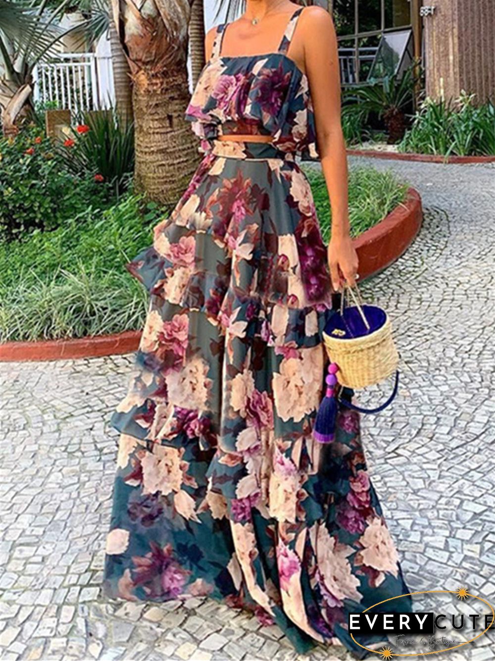 Summer New Fashion Floral Top Suspender Ruffle Cake Skirt Set