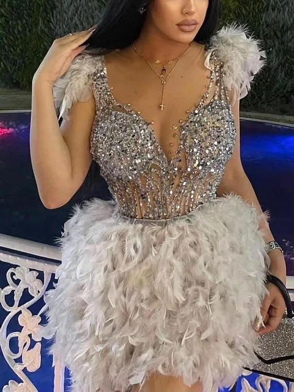 Promsstyle Round Neck Sheer Gauze Sleeveless Backless Feather Trimmed Sequins Midi Dress Prom Dress 2023
