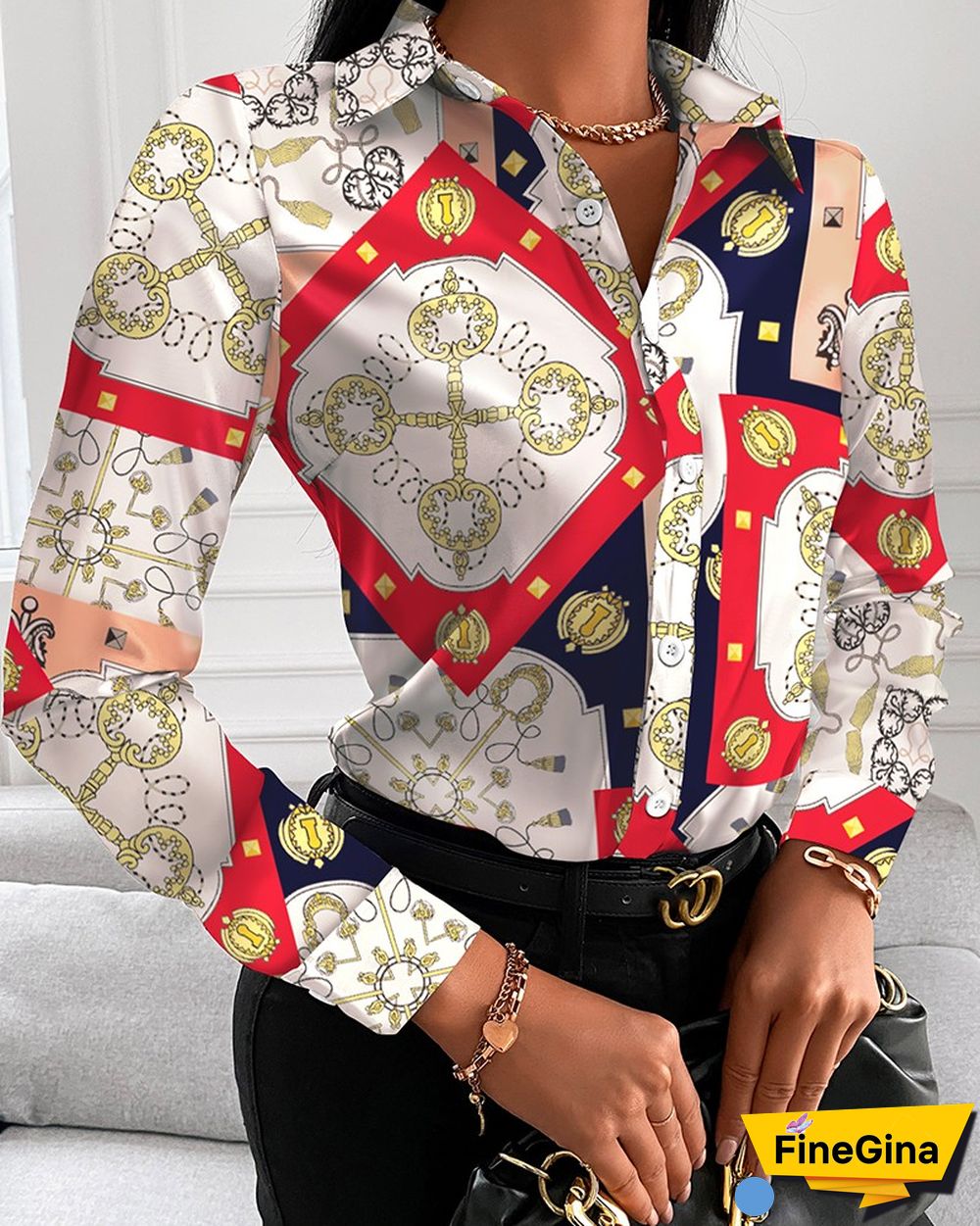 Scarf Print Button Up Long Sleeve Blouse