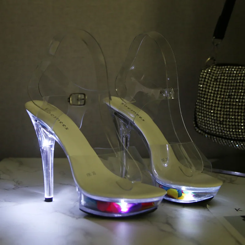 Qengg Qengg 34-43 Sexy Super High Heels Luminous Thin Heel Waterproof Platform Sandal Transparent Model Crystal Shoes Wedding Shoes