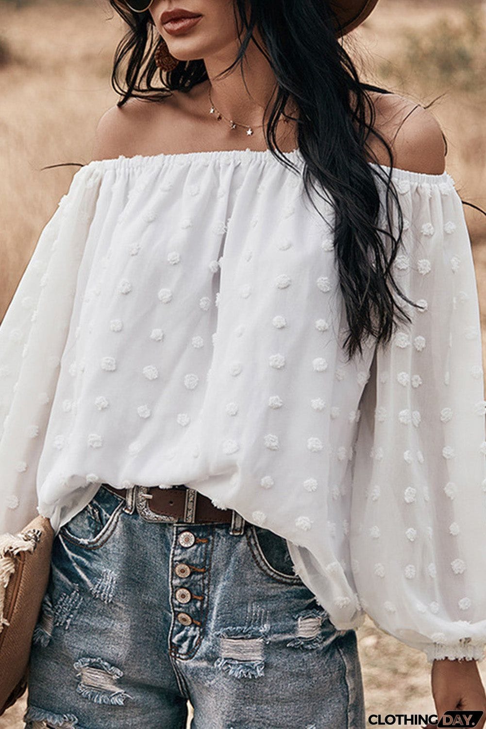 Off Shoulder Swiss Dot Blouse