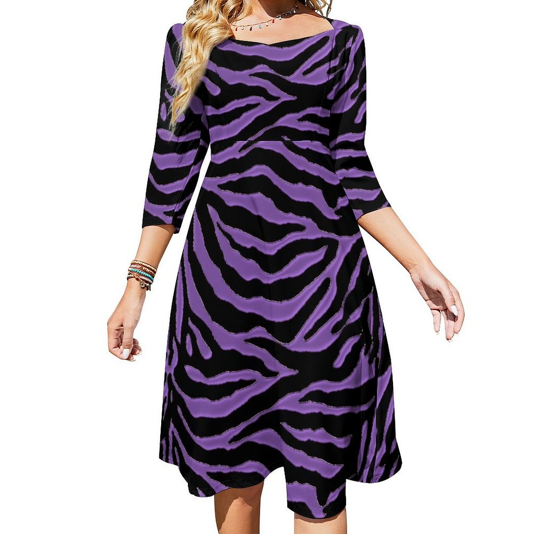 Purple And Black Zebra Animal Print Dress Sweetheart Tie Back Flared 3/4 Sleeve Midi Dresses