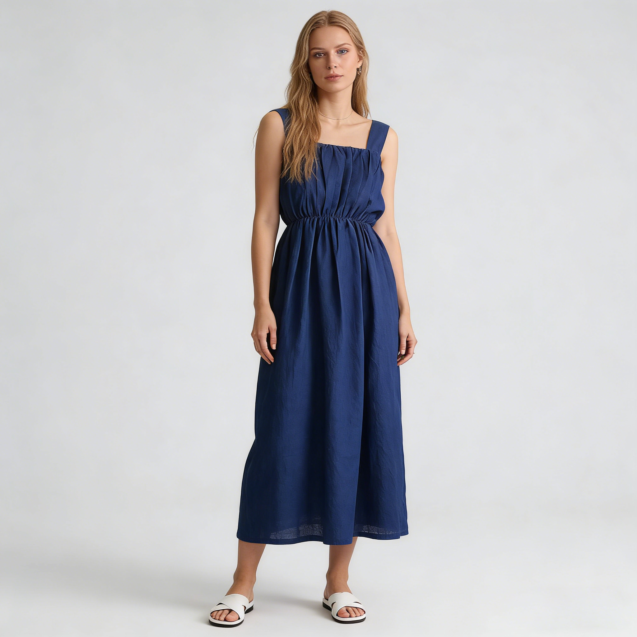 Linen Midi Dress Women 100% Linen Square Neck Wide Strap Summer Dress REAL SILK LIFE