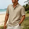 Men's Vintage Linen Casual Beach Vacation Short-Sleeve Polo Collar Shirt by Inlyline