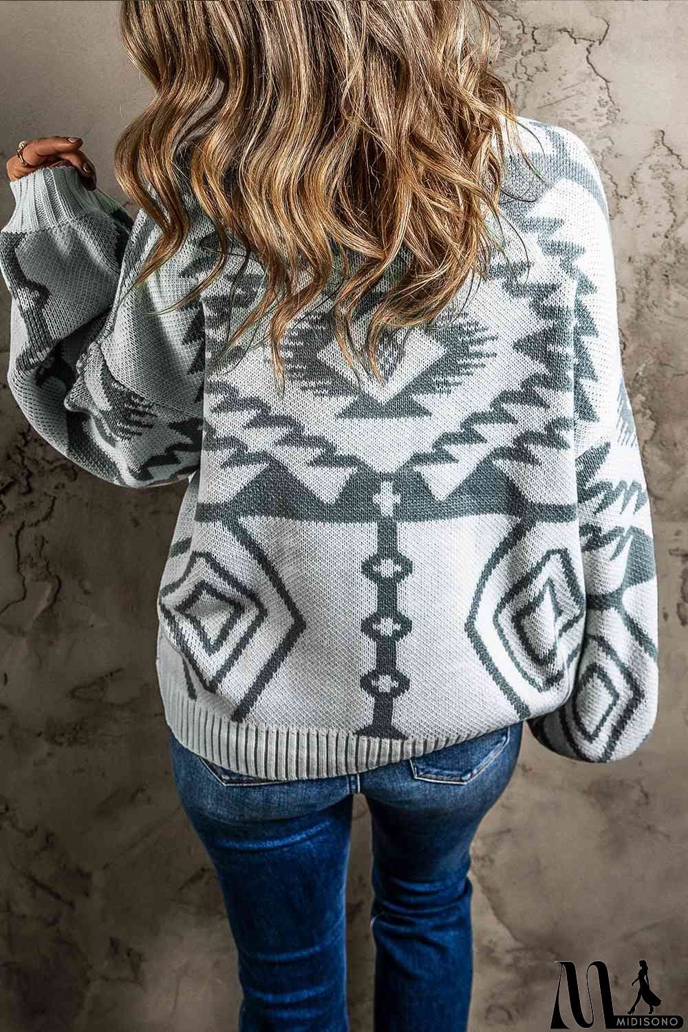 MidiSono - Printed Button Up V-Neck Long Sleeve Cardigan