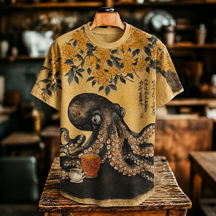 Men's Retro Octopus Japanese Art Print Short Sleeve Casual T-shirt