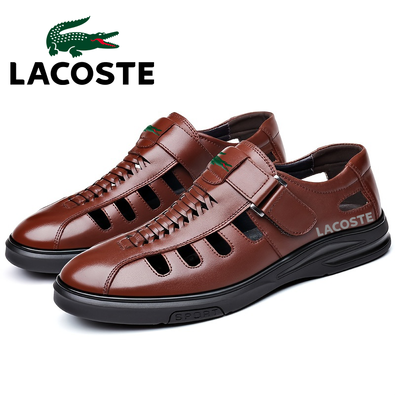 【Lacoste】 Oddychające, antypoślizgowe męskie skórzane sandały - komfort na plaży na wiosnę i lato, łatwe zapinanie na rzep, trwałe do noszenia na co dzień