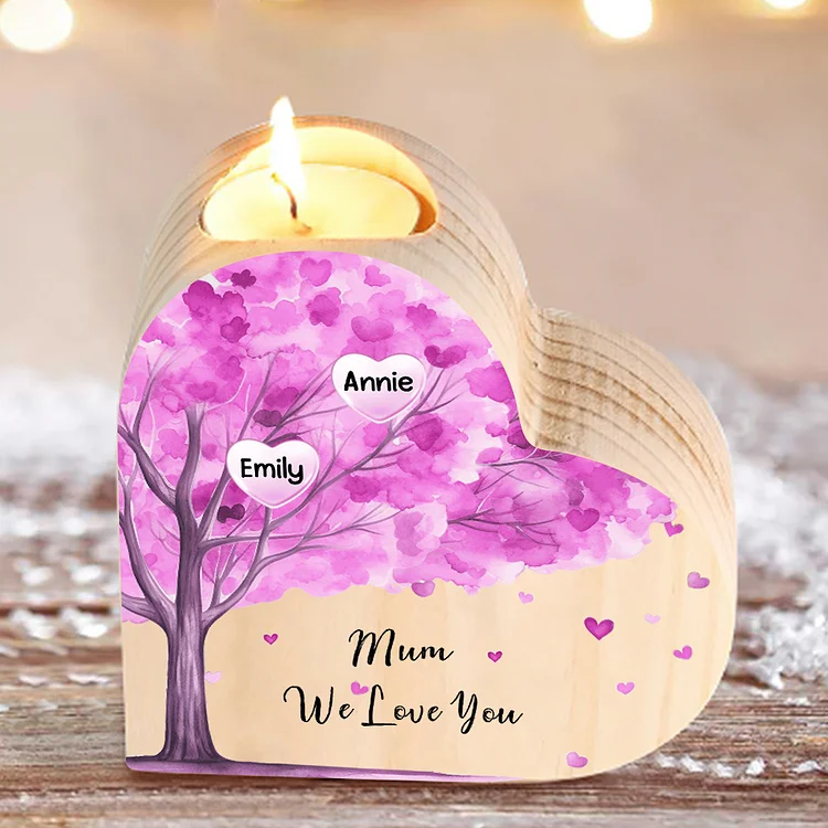 2 Names-Personalized Purple Heart Tree Heart-Shape Candlestick Set With Gift Box Custom Text  Mother's Day Gift Wooden Custom Candle Holder For Family
