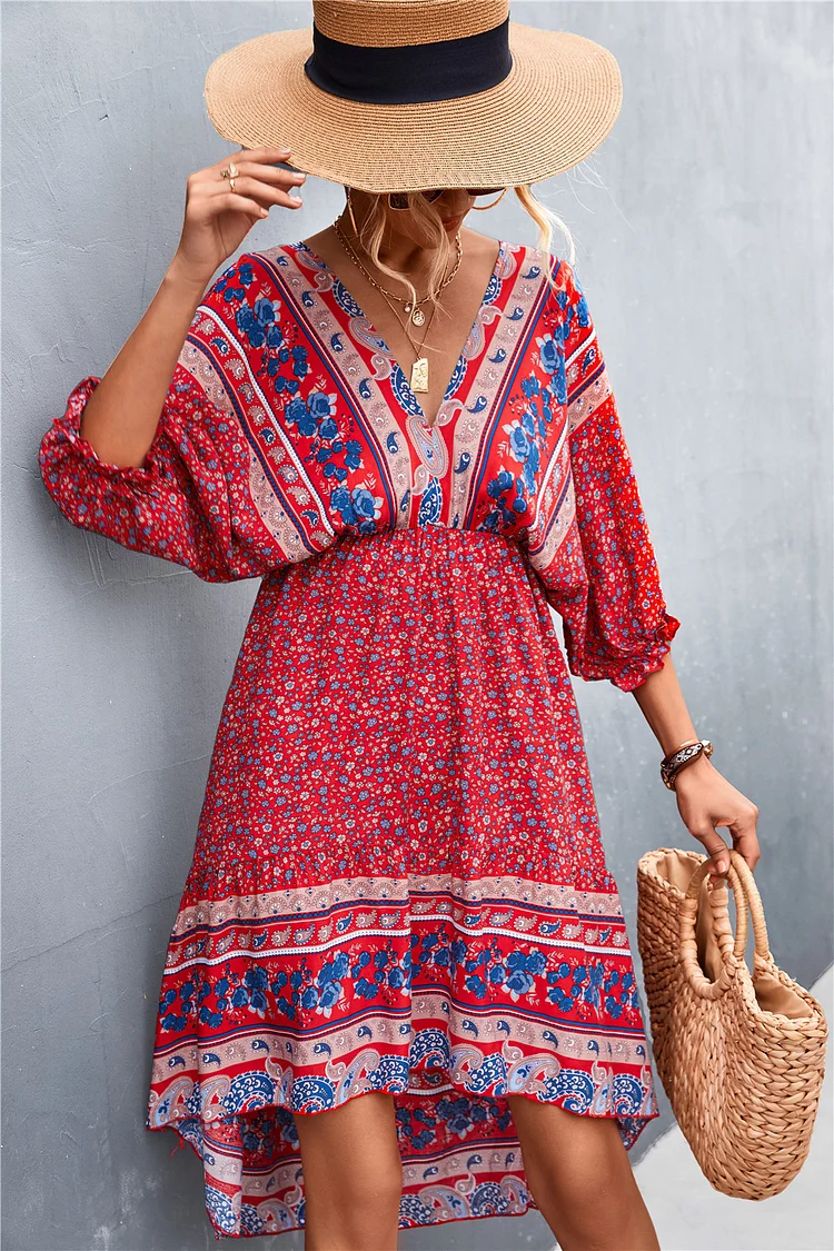 Women's Bohemian Dress Floral Print V-Neck Casual Beach Mini Dress