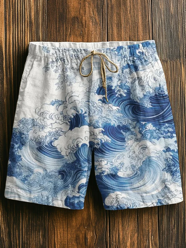 Men's Waves Watercolor Art Print Casual Shorts
