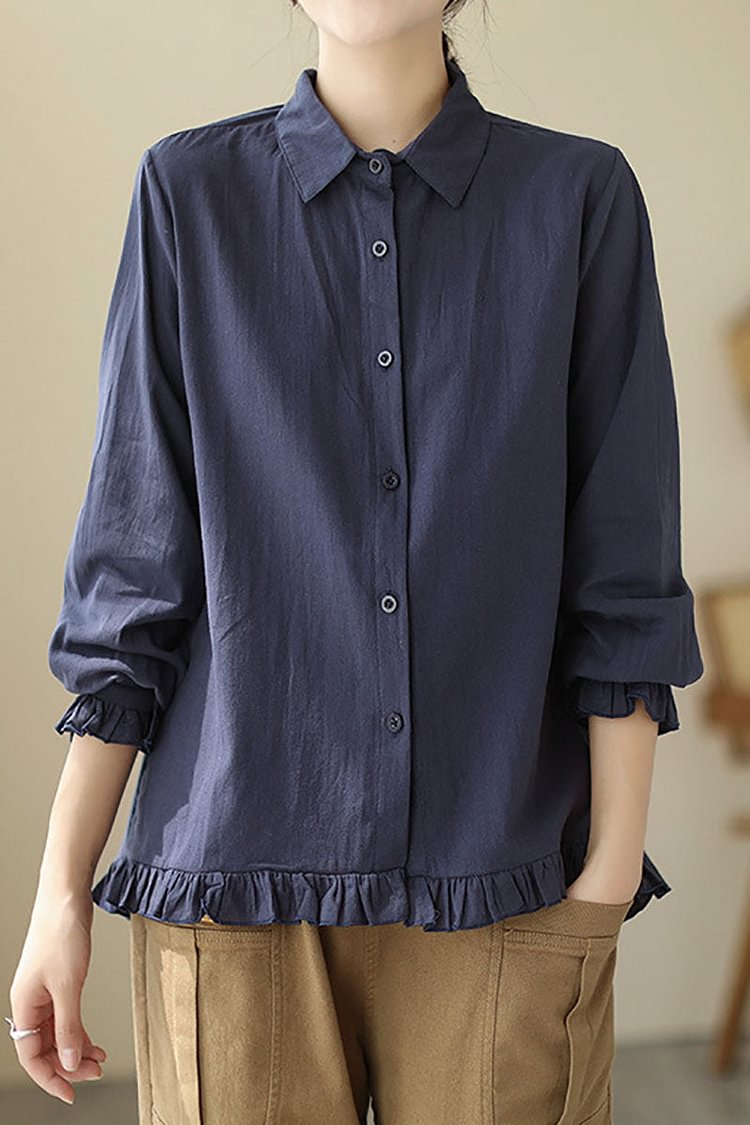 Ruffled Trim Long Sleeve Linen Button Up Shirt Top
