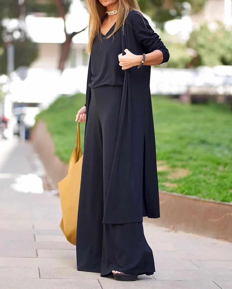 Solid Color Cardigan & V-Neck Sling Top & Casual Trousers Three Piece Set