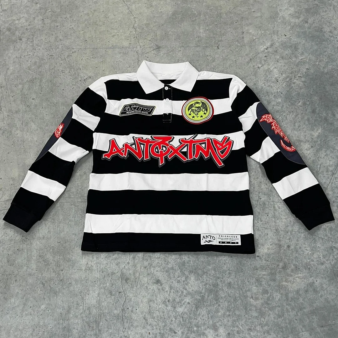 Aonga Niche simple striped letter print POLO collar design long-sleeved T-shirts women Y2K American popular aesthetic rock baggy tops 0313 aonga