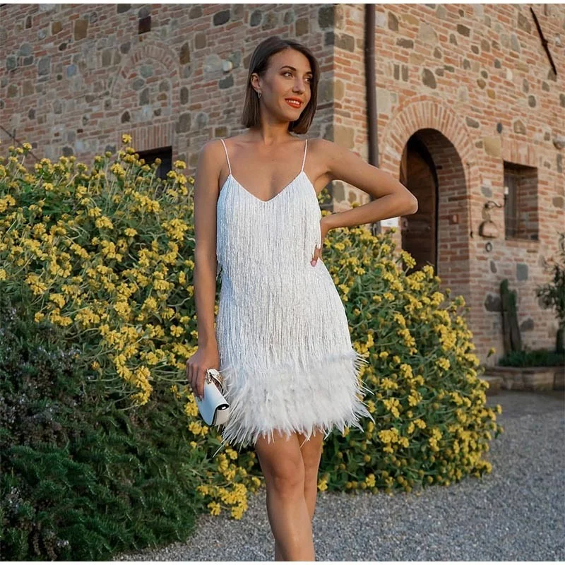 Women's Feather Fringe Sequin Spaghetti Strap Dress