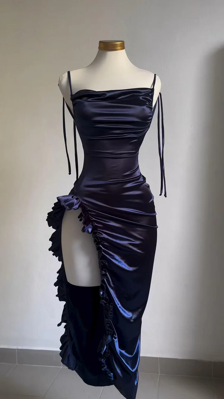 Purple Ruffled Slit Satin Dress