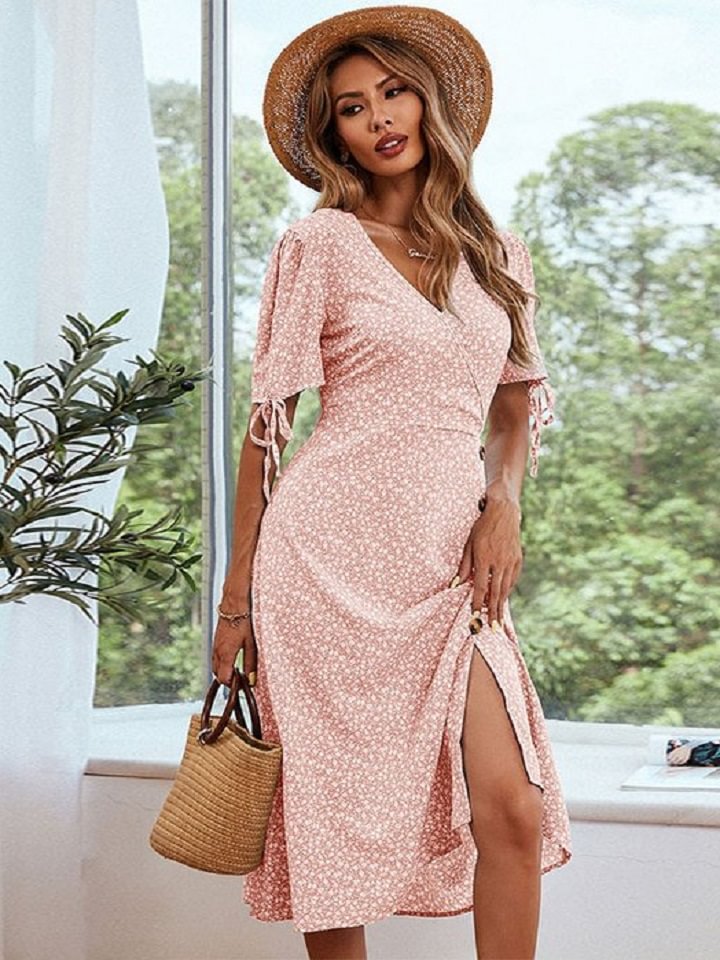 Floral Skirt Slim V-neck Split Bubble Sleeve Dress | EGEMISS