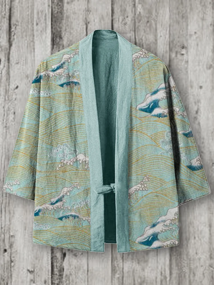 Sea Waves Japanese Pattern Linen Blend Kimono Cardigan