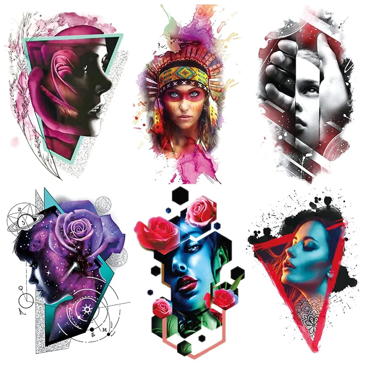 6 Sheets Large Temporary Tattoos - Cyberpunk Red Purple Blue Indian Lady Rose Beauty Hand For Men and Women