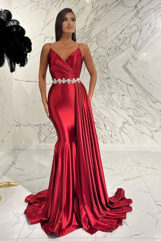Stunning Spaghetti-Straps Deep V-Neck Red Mermaid Evening Dress With Belt Ruffles | Ballbellas Ballbellas