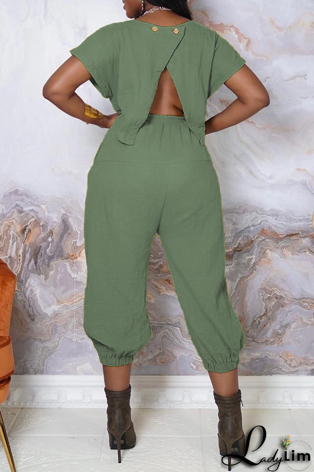 Army Green Fashion Casual Solid Color Halter Short Sleeve Top Two Pieces Set