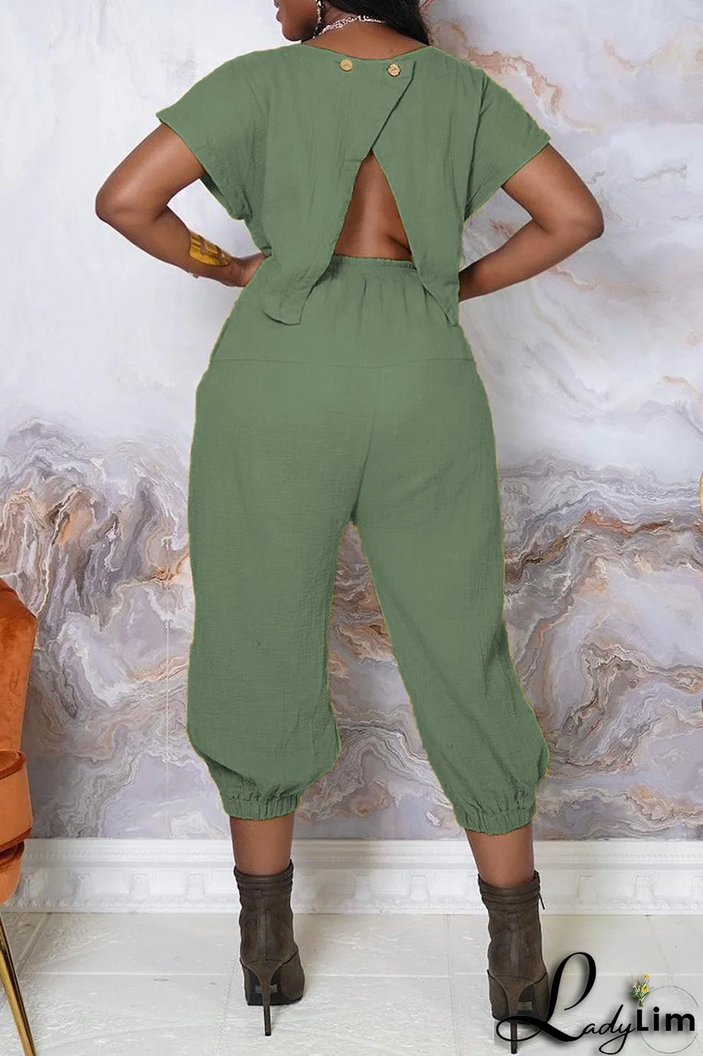 Army Green Fashion Casual Solid Color Halter Short Sleeve Top Two Pieces Set