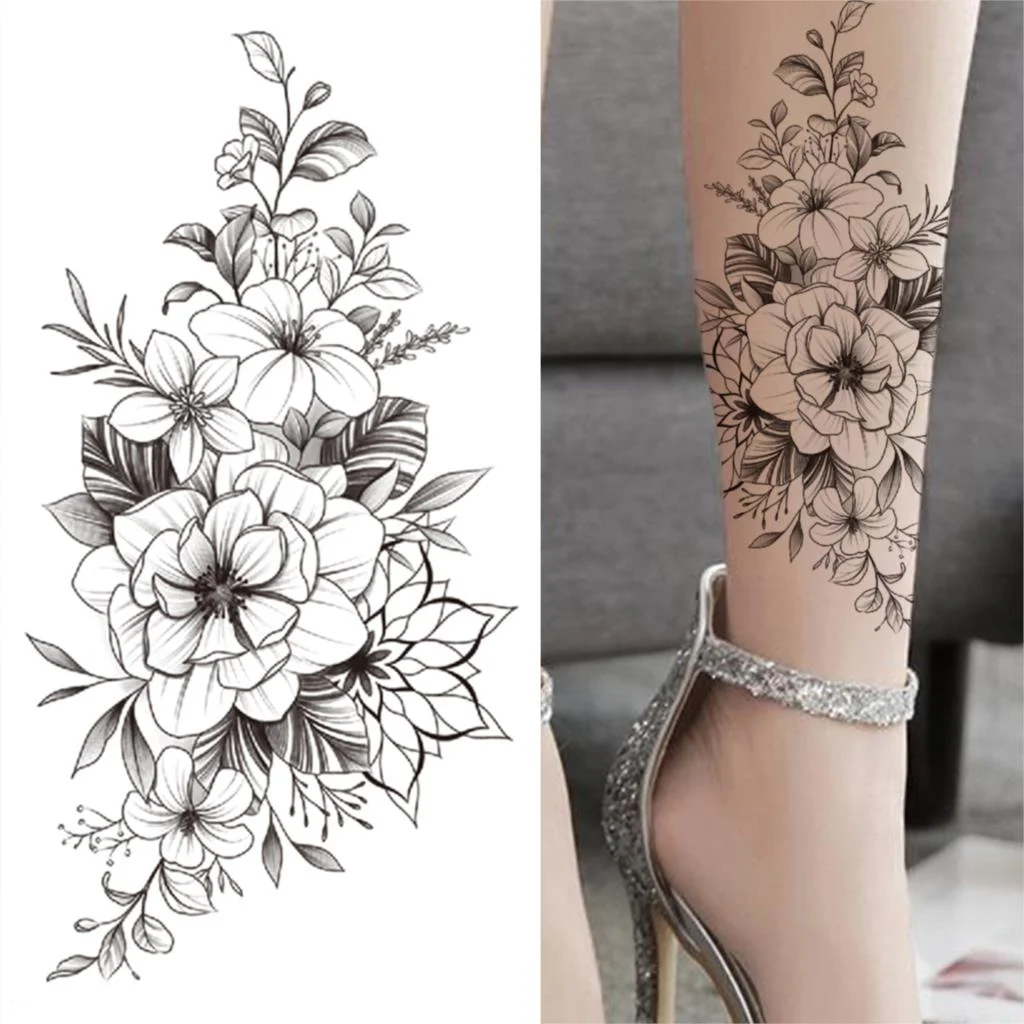 Geometry Rose Flower Temporary Tattoos For Women Girls Black Butterfly Bird Tattoo Sticker Fake Peony Geometric Body Art Tattos
