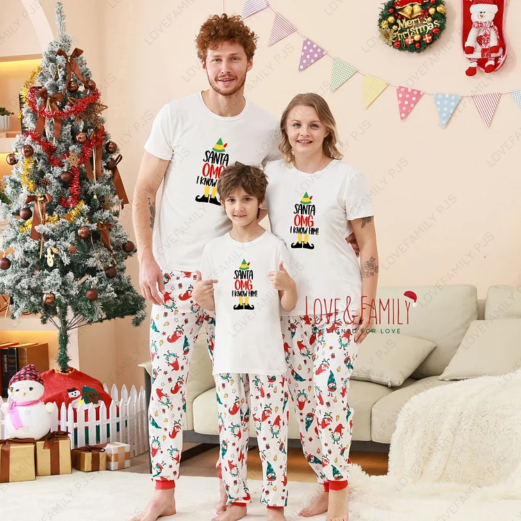 Santa OMG I Know Him! Christmas Family Short Sleeve Pajamas Sets(White)