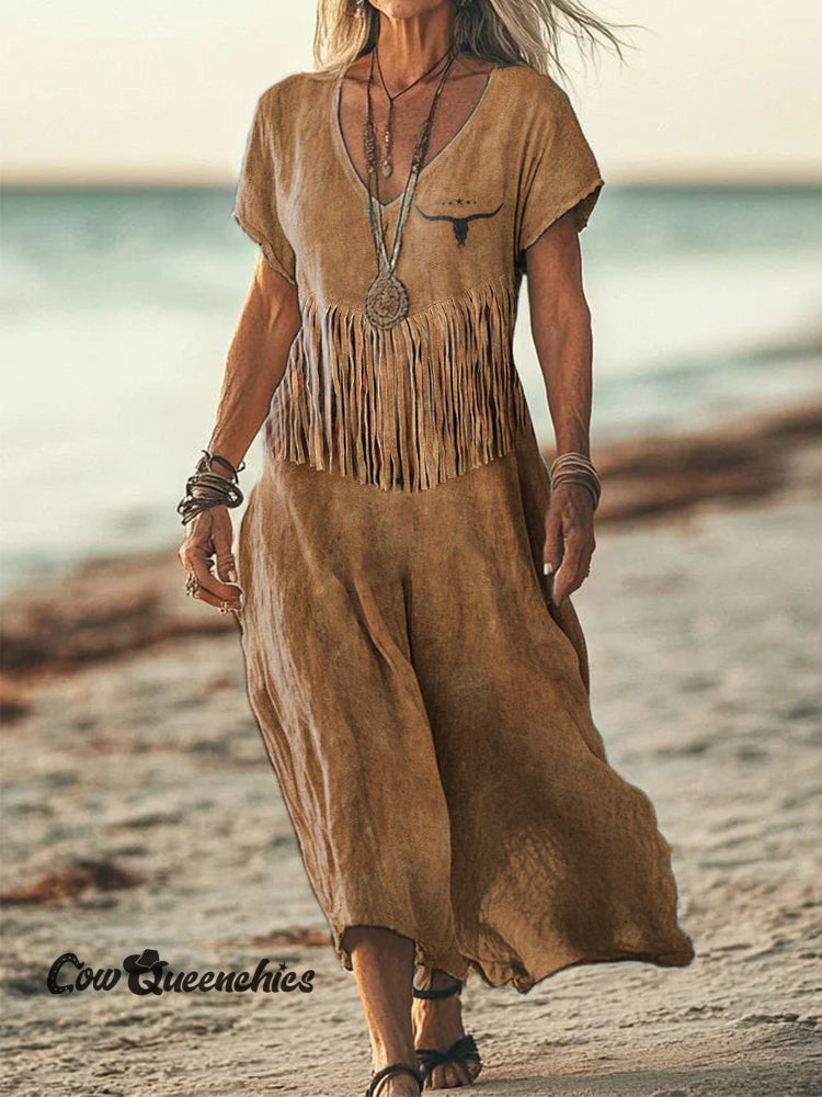 Women’s Western Inspired Fringe Linen Blend Vintage Dress Khaki / S