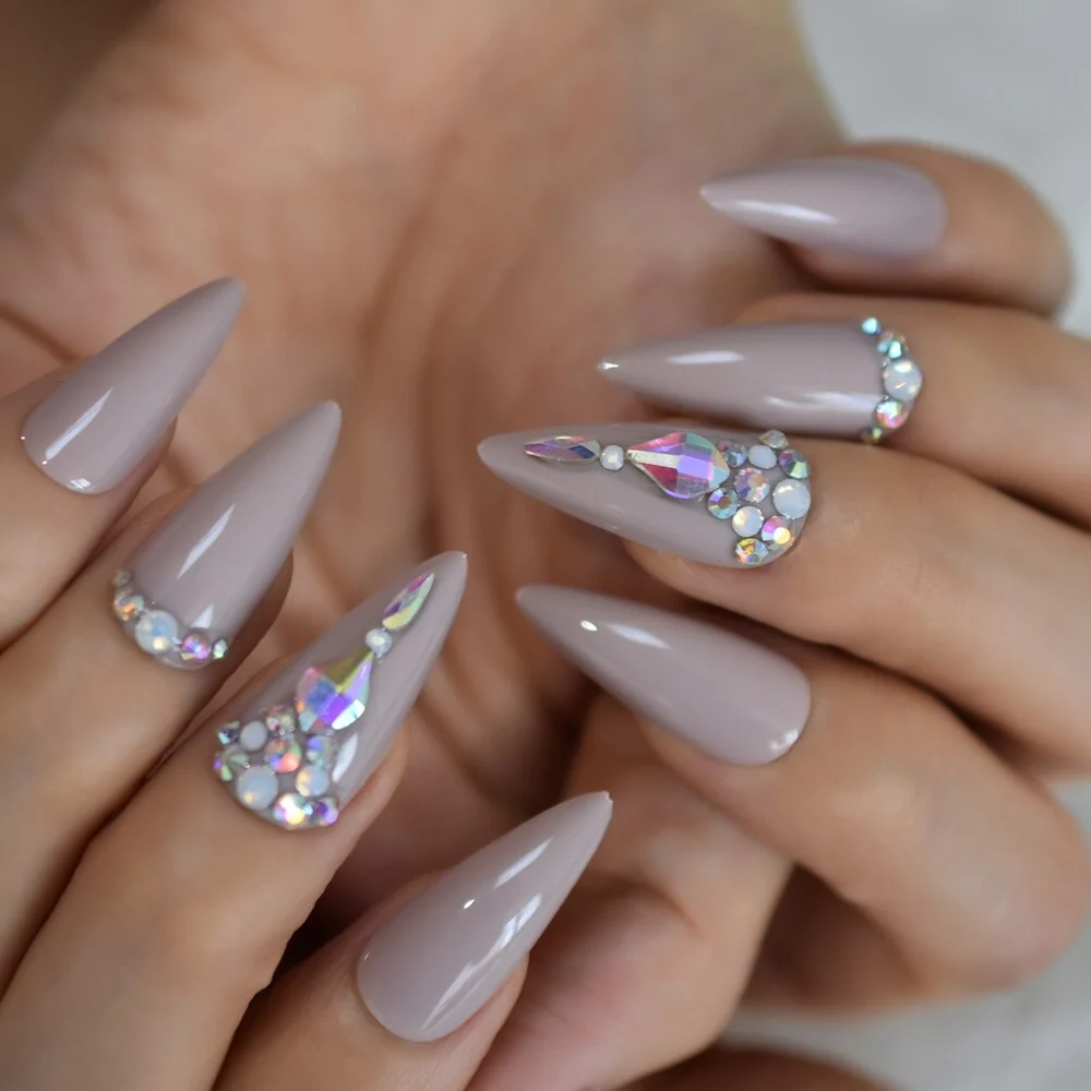 Salon Perfect Artificial Nails 3D Rhinestones Decorative White Nude Faux Ongles Long Ballerina Trapezoid Tips-Nail Inspo