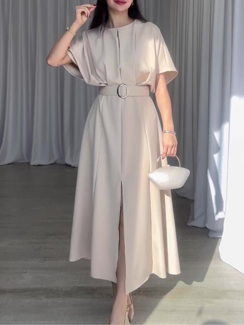 Solid Color Round Neck Short Sleeve Waist Slim Long Skirt | Oxredo Shop Ramadan Sale