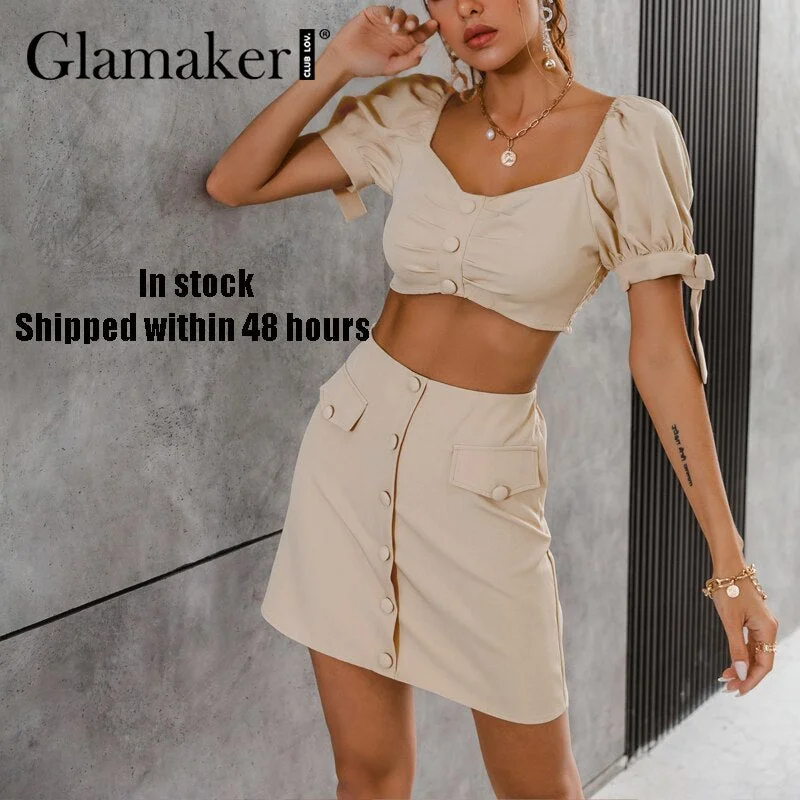 Glamaker Office ladies A-line two piece suits Puff sleeve  top and pocket slim mini skirt Summer Square collar casual sets 2021