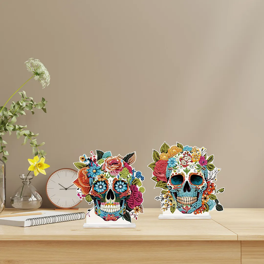 2Pcs DIY Diamond Art Tabletop Ornaments Reusable Special Gem Rhinestone Mosaic Craft Multi-Purpose Diamonds Art Suncatchers Flowers Gift for Craft Lovers (Flowers Skulls)