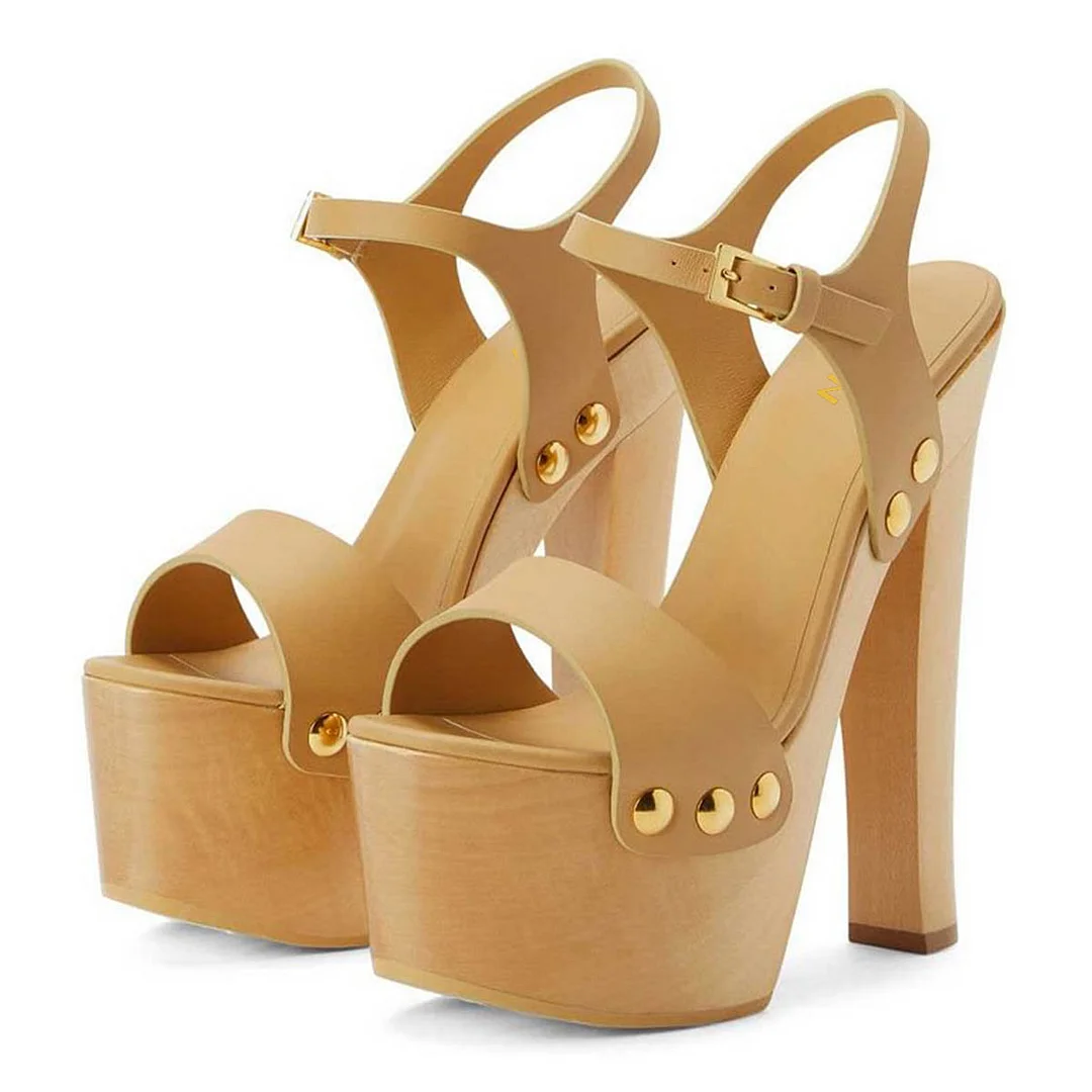 Tan Ankle Strap Sandals Open Toe Platform Heels with Studs