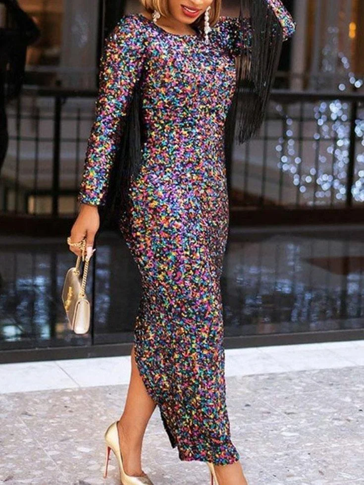 Zachics Colorful sequins long sleeves tassels party evening dress-zachics