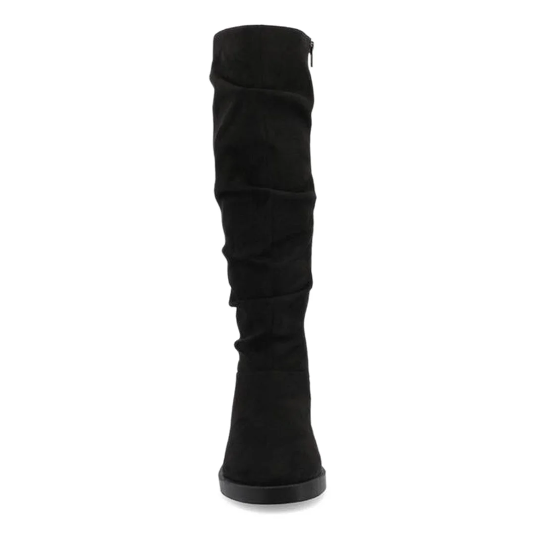Faux Suede Lace-Up Black Black Knee-High Boots with Side-Zip